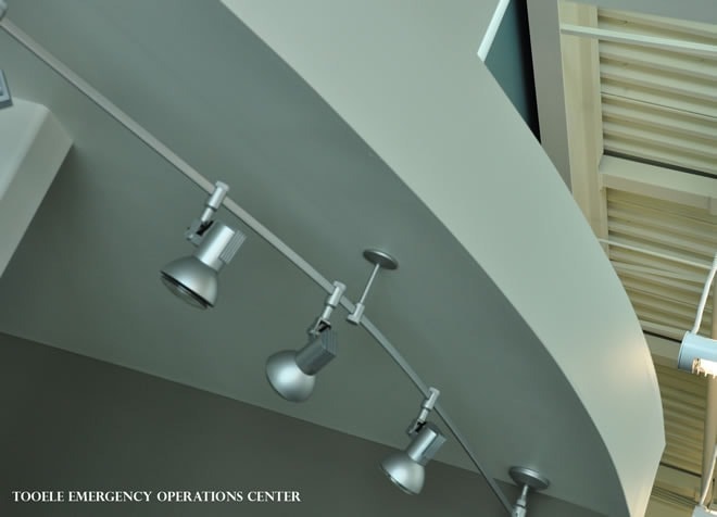 Tooele Emergency Operations Center ceiling — track lighting and curved drywall