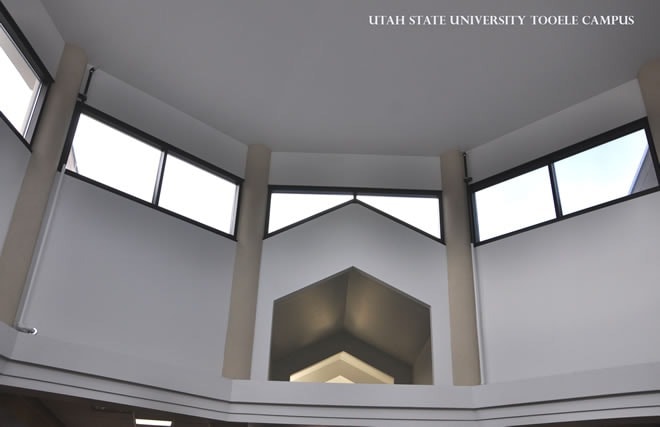 Utah State University Tooele Campus interior — geometric ceiling and clerestory windows