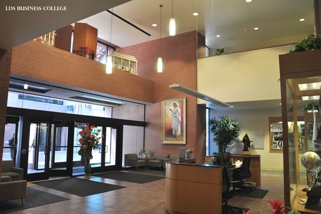 LDS Business College lobby entrance — drywall, brick, and finish work