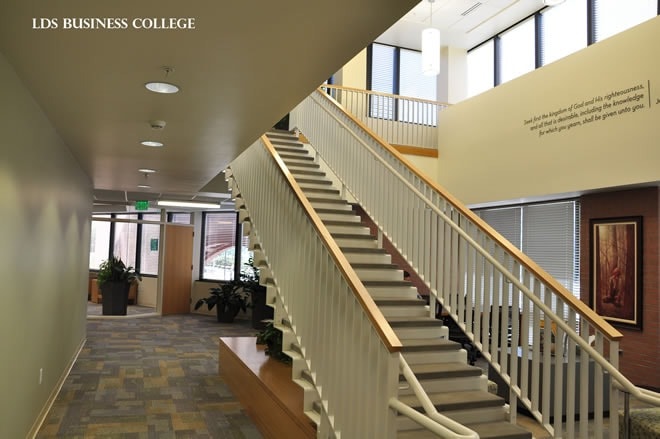 LDS Business College staircase — smooth drywall walls and ceiling finish